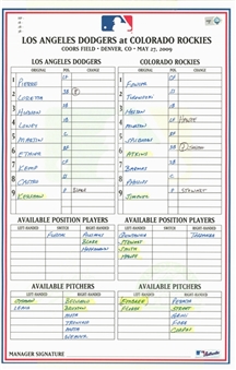 2009 Los Angeles Dodgers Game Used Line up Card from 5/27/09 Game Against Colorado Rockies - Clayton Kershaws Career Win #8 (MLB Authenticated)